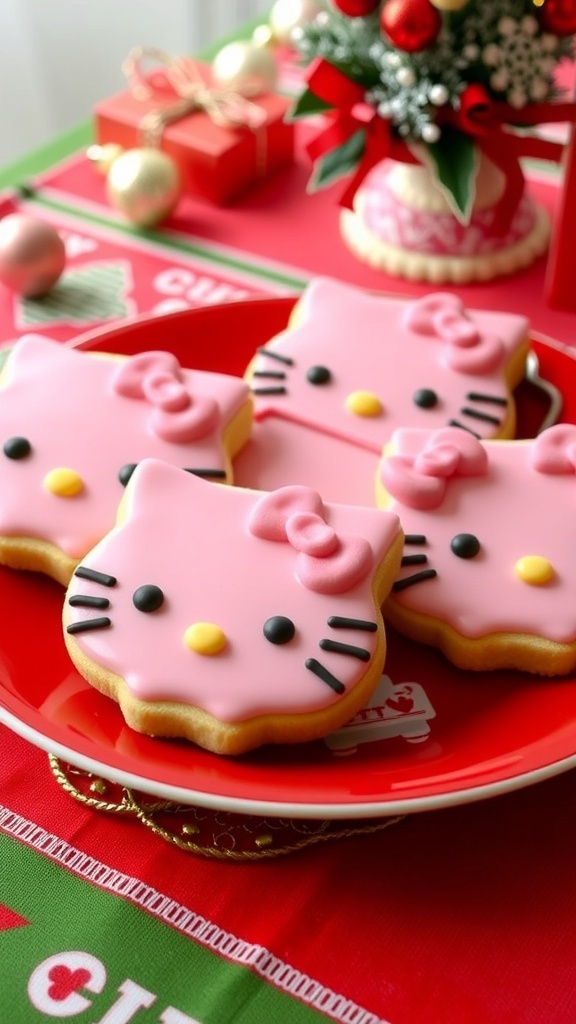 Pink Christmas Hello Kitty Cookies Recipe Decorated Pink Christmas Hello Kitty cookies on a festive table with holiday decorations.